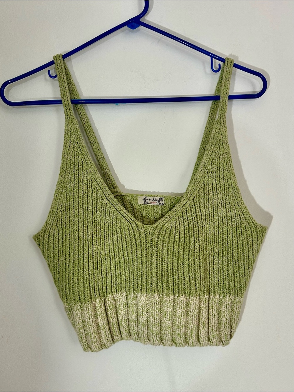 Free People Here All Day Brami, Green Cotton Knit Cropped Tank Top, Small